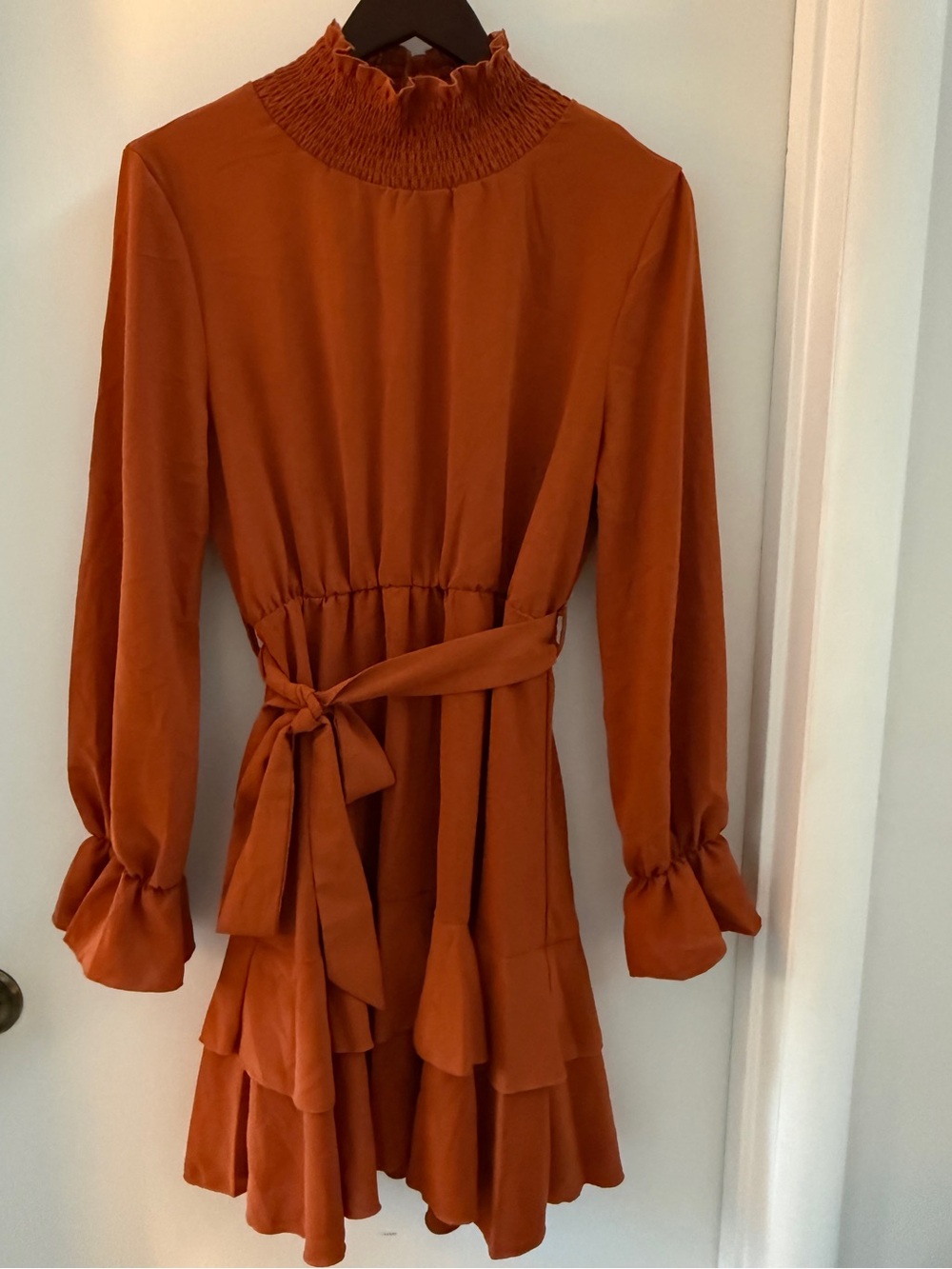 Smocked Neck Rust Long-Sleeve Tiered Dress with Waist Tie NWOT